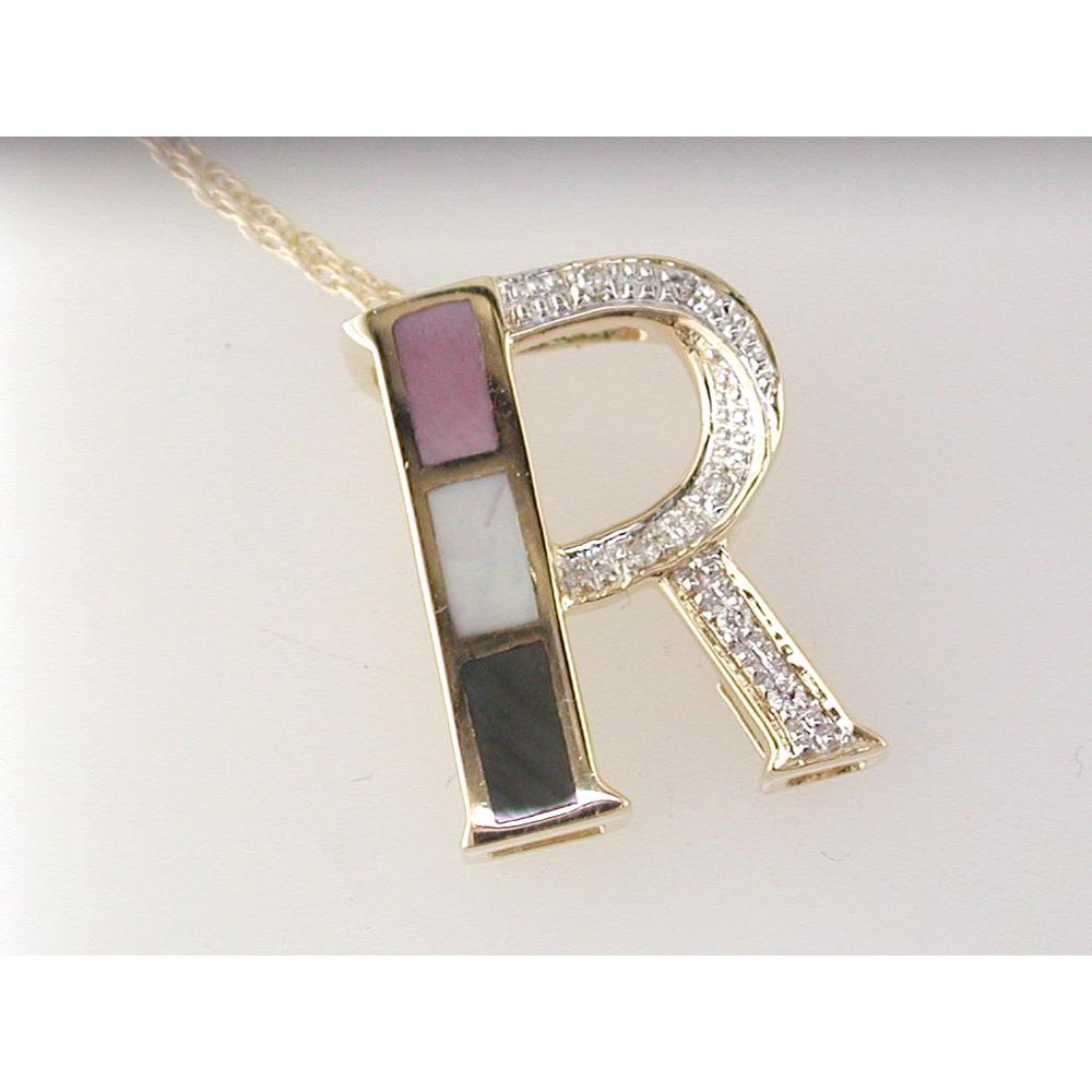 14K Yellow Gold Letter “R” Initial Pendant with Three-Tone Mottled Opal Inlay and 0.04 Carat Round Diamond Accents - Royal Jewelry