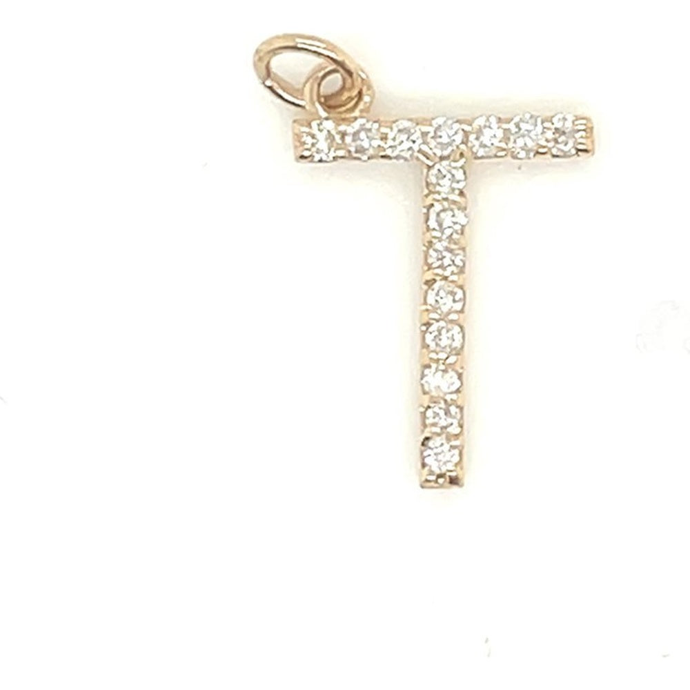 14K Yellow Gold Letter "T" Pendant with Prong-Set Round Diamonds - 0.16 Carat Total Diamond Weight by Auriventus
