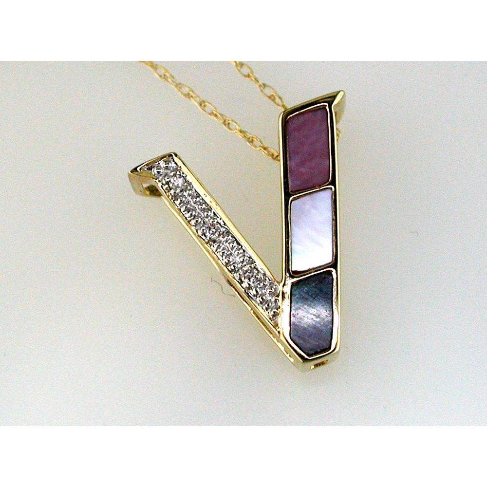14K Yellow Gold Letter V Pendant with Round Diamonds and Iridescent Inlay - 0.02 Carat Total Diamond Weight - Royal Jewelry