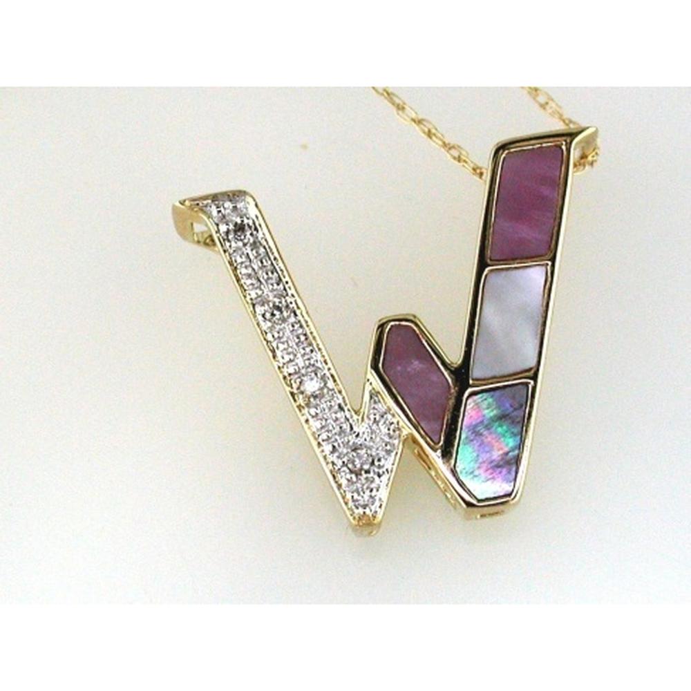 14K Yellow Gold Letter W Initial Pendant with Round Diamonds and Iridescent Mopal Inlay - 0.03 Carat Diamond Weight - Royal Jewelry