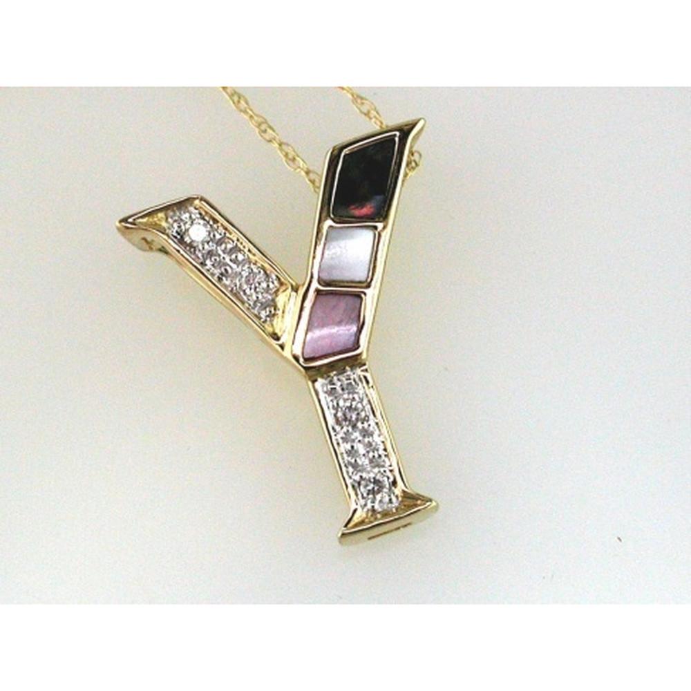 14K Yellow Gold Letter Y Initial Pendant with Round Diamonds and Iridescent Mopal Inlay - 0.04 Carat Total Diamond Weight - Royal Jewelry