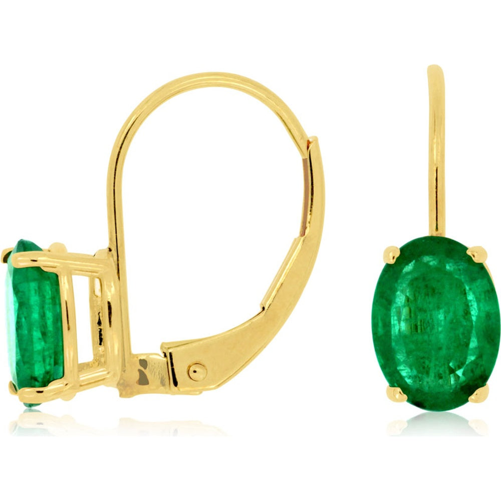 14K Yellow Gold Lever-Back Earrings with Oval-Cut Natural Emeralds - 1.60 Carat Total Gem Weight - Royal Jewelry