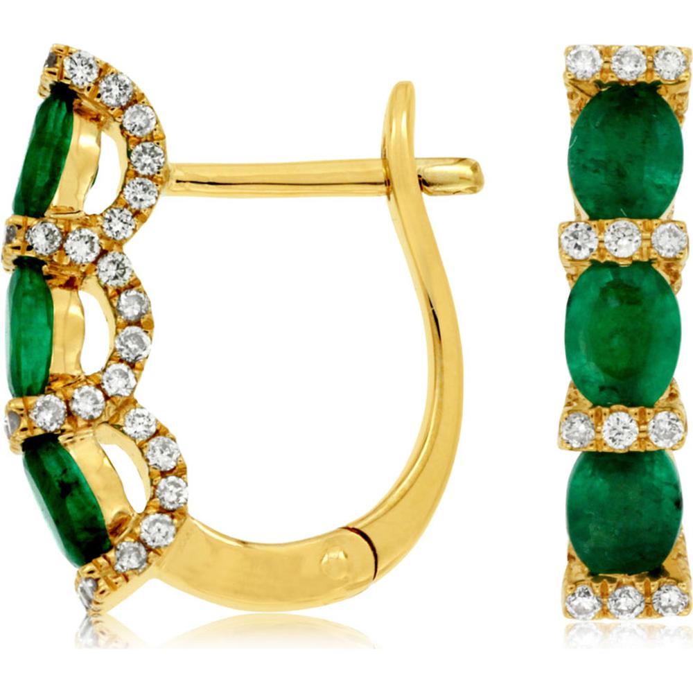 14K Yellow Gold Lever-Back Earrings with Three Oval Emeralds and Diamond Accents - 1.00 Carat Total Emerald Weight, 0.40 Carat Total Diamond Weight - Royal Jewelry