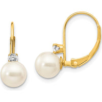 14K Yellow Gold Leverback Drop Earrings with 6-7mm Freshwater Pearls and 0.059 Carat Total Diamond Weight by Monteluci Fine Jewelry