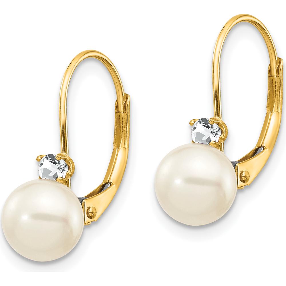 14K Yellow Gold Leverback Drop Earrings with 6-7mm Freshwater Pearls and 0.059 Carat Total Diamond Weight by Monteluci Fine Jewelry