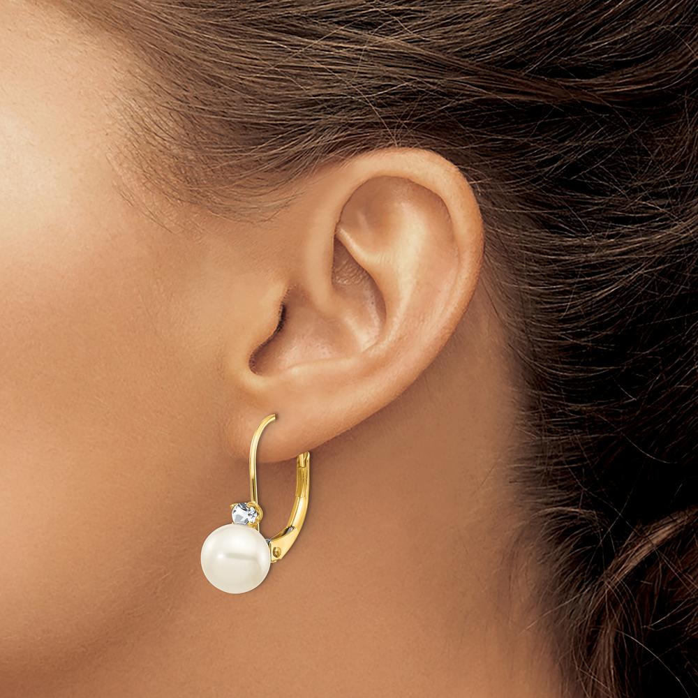 14K Yellow Gold Leverback Drop Earrings with 6-7mm Freshwater Pearls and 0.059 Carat Total Diamond Weight by Monteluci Fine Jewelry