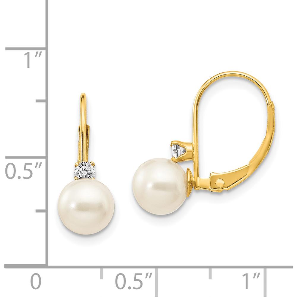 14K Yellow Gold Leverback Drop Earrings with 6-7mm Freshwater Pearls and 0.059 Carat Total Diamond Weight by Monteluci Fine Jewelry