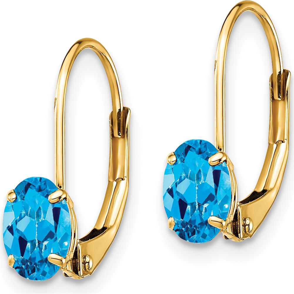 14K Yellow Gold Leverback Drop Earrings with Oval Swiss Blue Topaz - 1.1 Carat Total Gemstone Weight by Monteluci Fine Jewelry