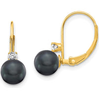 14K Yellow Gold Leverback Earrings with 6-7mm Black Freshwater Pearls and 0.059 Carat Faceted Diamonds by Monteluci Fine Jewelry