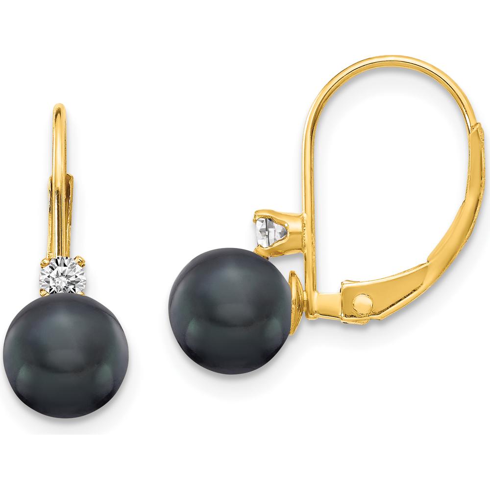 14K Yellow Gold Leverback Earrings with 6-7mm Black Freshwater Pearls and 0.059 Carat Faceted Diamonds by Monteluci Fine Jewelry