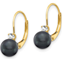 14K Yellow Gold Leverback Earrings with 6-7mm Black Freshwater Pearls and 0.059 Carat Faceted Diamonds by Monteluci Fine Jewelry