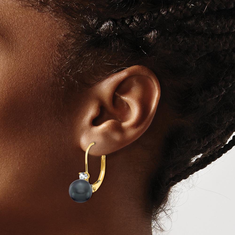 14K Yellow Gold Leverback Earrings with 6-7mm Black Freshwater Pearls and 0.059 Carat Faceted Diamonds by Monteluci Fine Jewelry