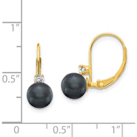 14K Yellow Gold Leverback Earrings with 6-7mm Black Freshwater Pearls and 0.059 Carat Faceted Diamonds by Monteluci Fine Jewelry