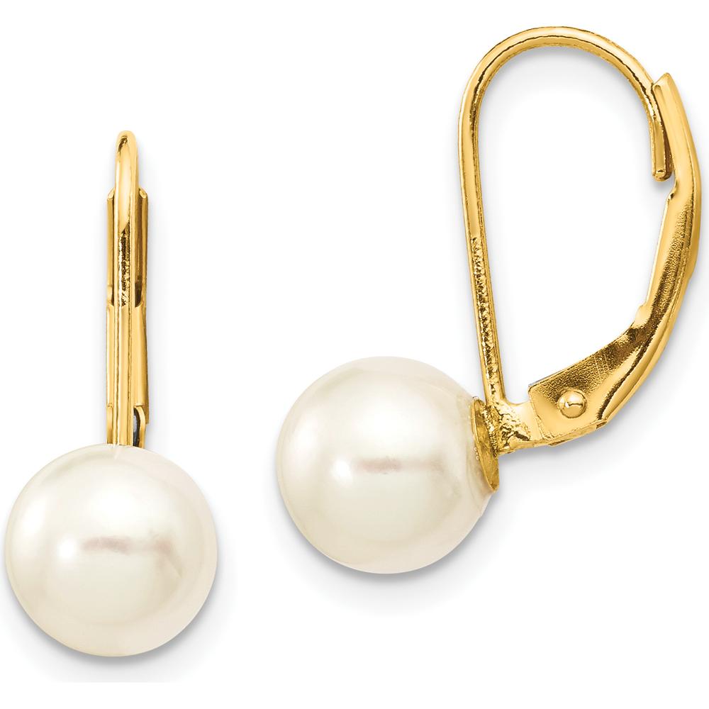14K Yellow Gold Leverback Earrings with 7-8mm Round White Akoya Cultured Pearls by Monteluci Fine Jewelry