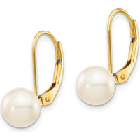 14K Yellow Gold Leverback Earrings with 7-8mm Round White Akoya Cultured Pearls by Monteluci Fine Jewelry