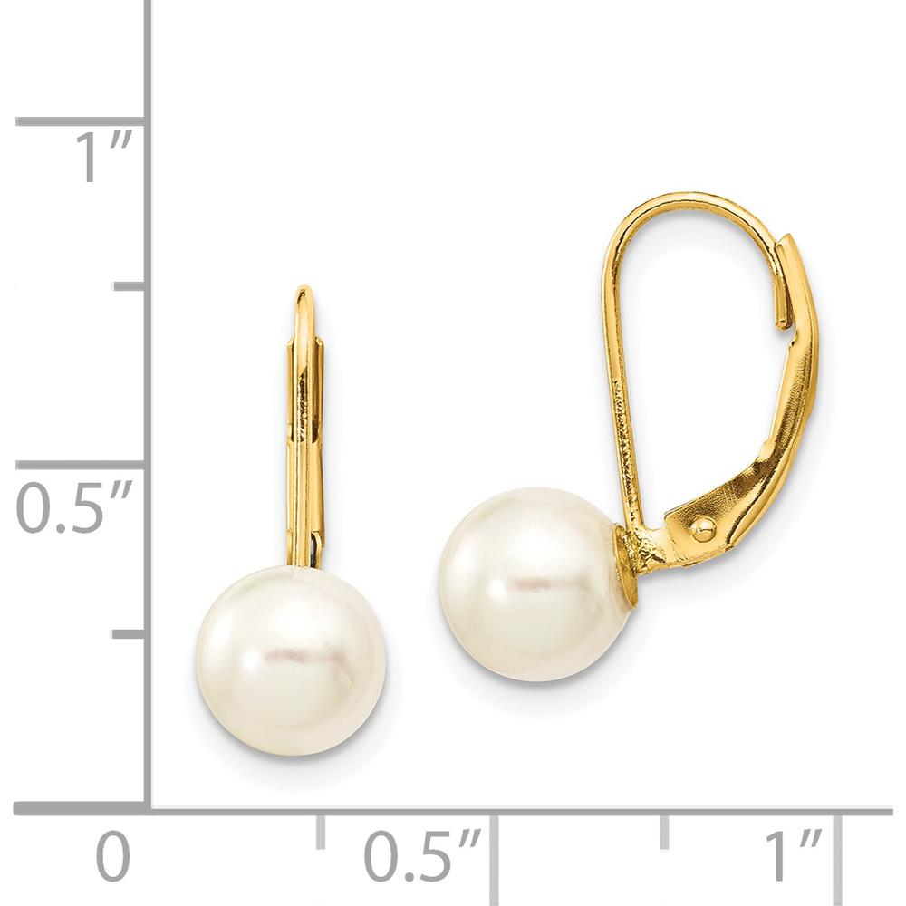 14K Yellow Gold Leverback Earrings with 7-8mm Round White Akoya Cultured Pearls by Monteluci Fine Jewelry