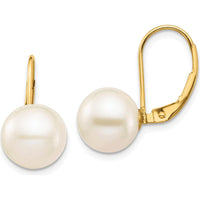 14K Yellow Gold Leverback Earrings with 9-10mm White Freshwater Cultured Pearls by Monteluci Fine Jewelry