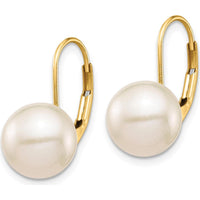 14K Yellow Gold Leverback Earrings with 9-10mm White Freshwater Cultured Pearls by Monteluci Fine Jewelry
