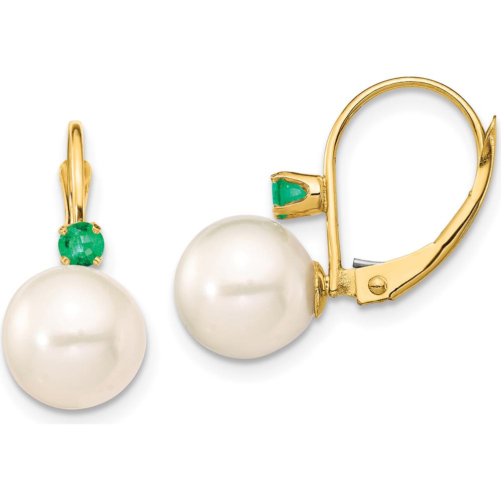 14K Yellow Gold Leverback Earrings with Round Freshwater Pearls and Emeralds - 1.8 Carat Total Gem Weight by Monteluci Fine Jewelry