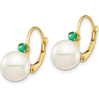 14K Yellow Gold Leverback Earrings with Round Freshwater Pearls and Emeralds - 1.8 Carat Total Gem Weight by Monteluci Fine Jewelry