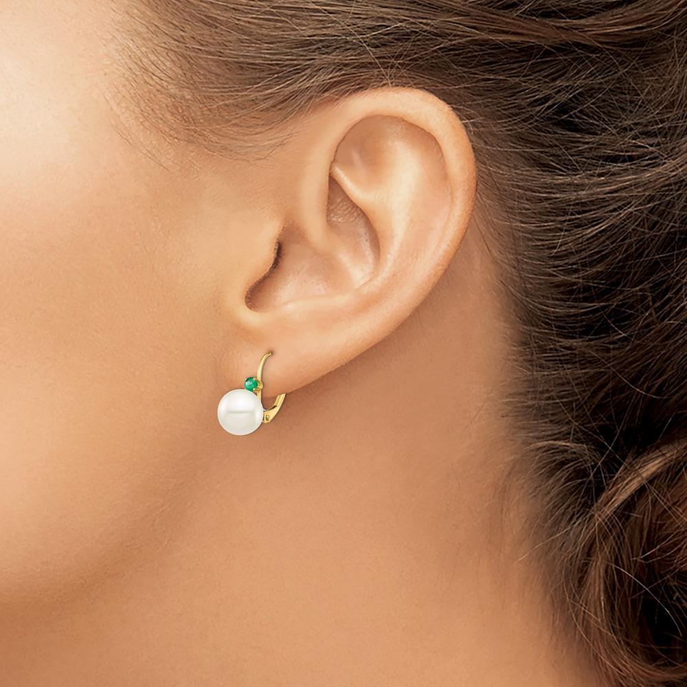 14K Yellow Gold Leverback Earrings with Round Freshwater Pearls and Emeralds - 1.8 Carat Total Gem Weight by Monteluci Fine Jewelry