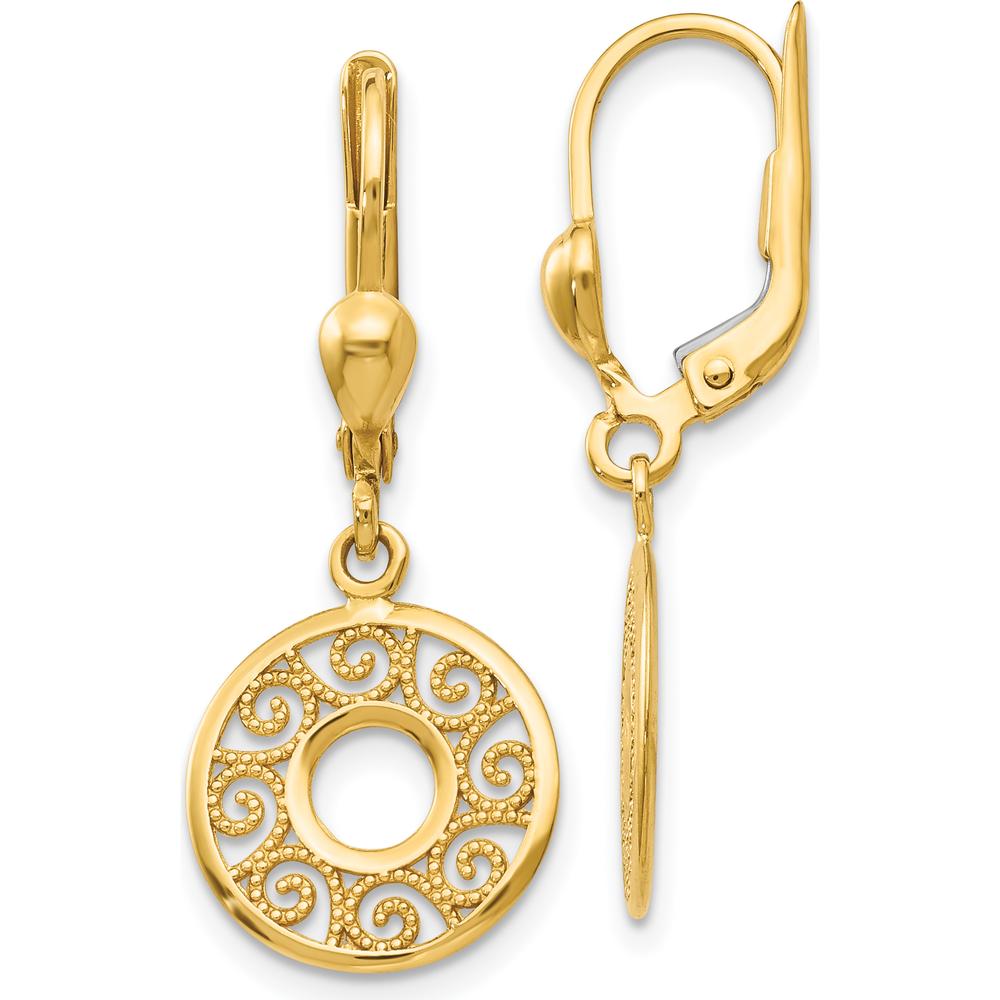 14K Yellow Gold Leverback Filigree Drop Earrings with Polished Finish by 0