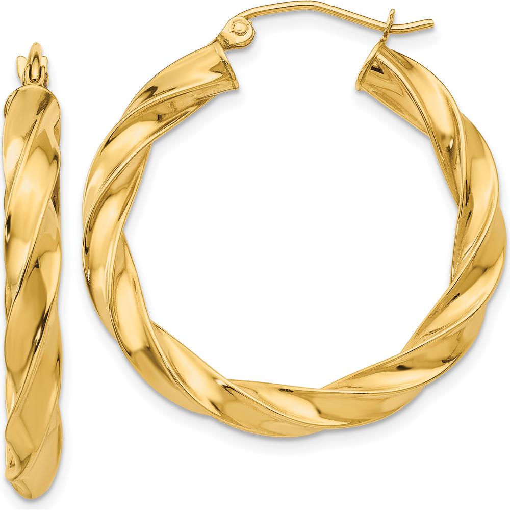 14K Yellow Gold Light Twisted Hoop Earrings - 31mm Length by 0