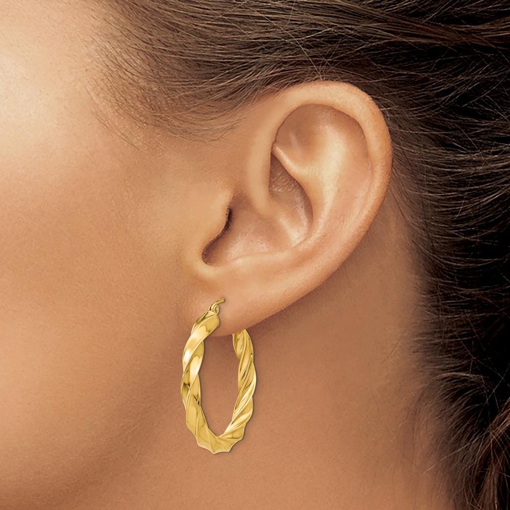 14K Yellow Gold Light Twisted Hoop Earrings - 31mm Length by 0