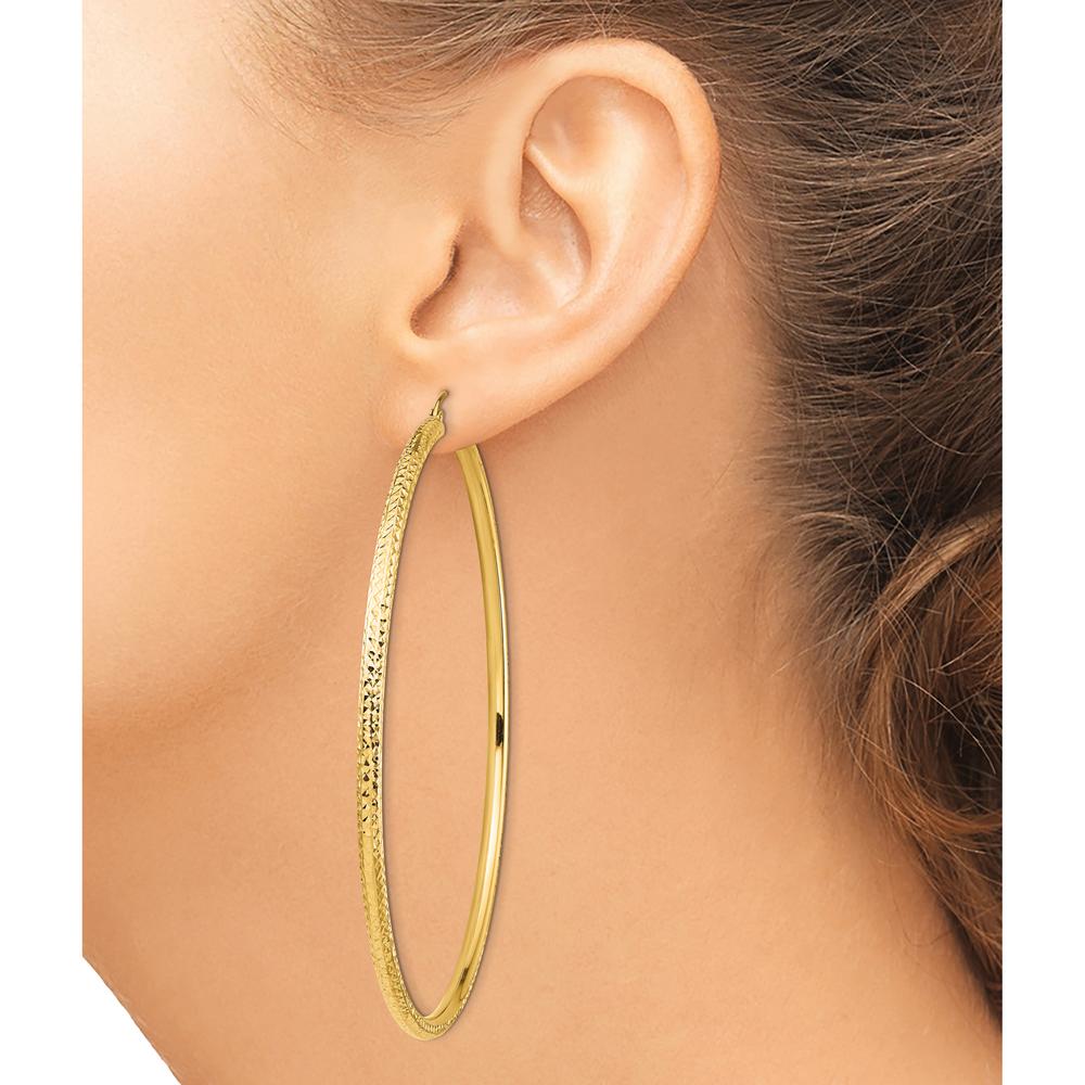 14K Yellow Gold Lightweight 3mm Diamond-Cut Large Hoop Earrings - Polished Finish by 0