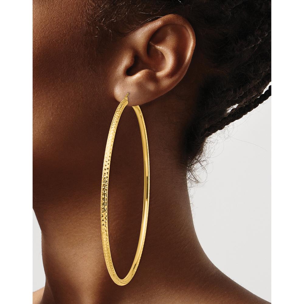 14K Yellow Gold Lightweight 3mm Diamond-Cut Large Hoop Earrings - Polished Finish by 0