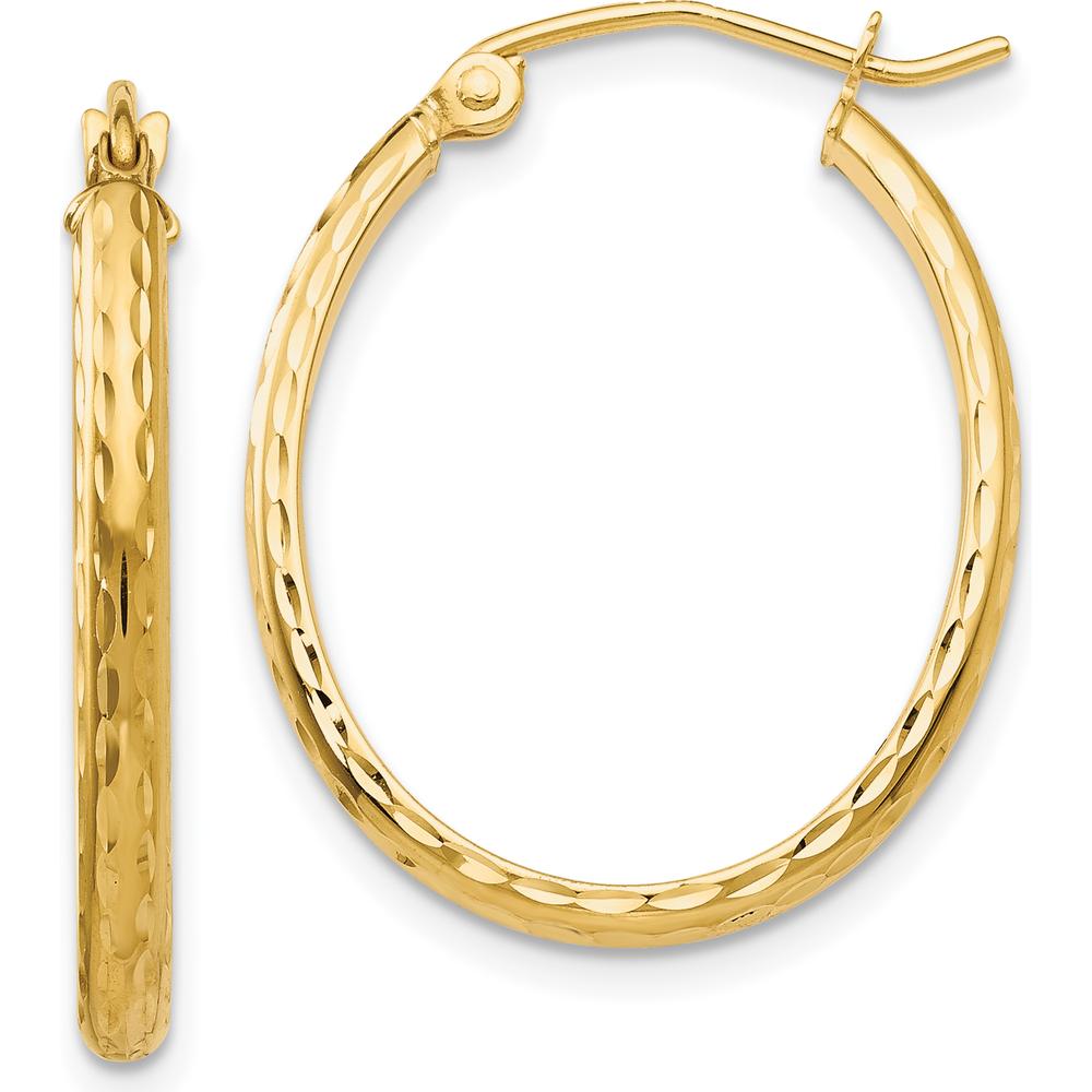 14K Yellow Gold Lightweight Diamond-Cut Oval Hoop Earrings - 25mm Length by 0