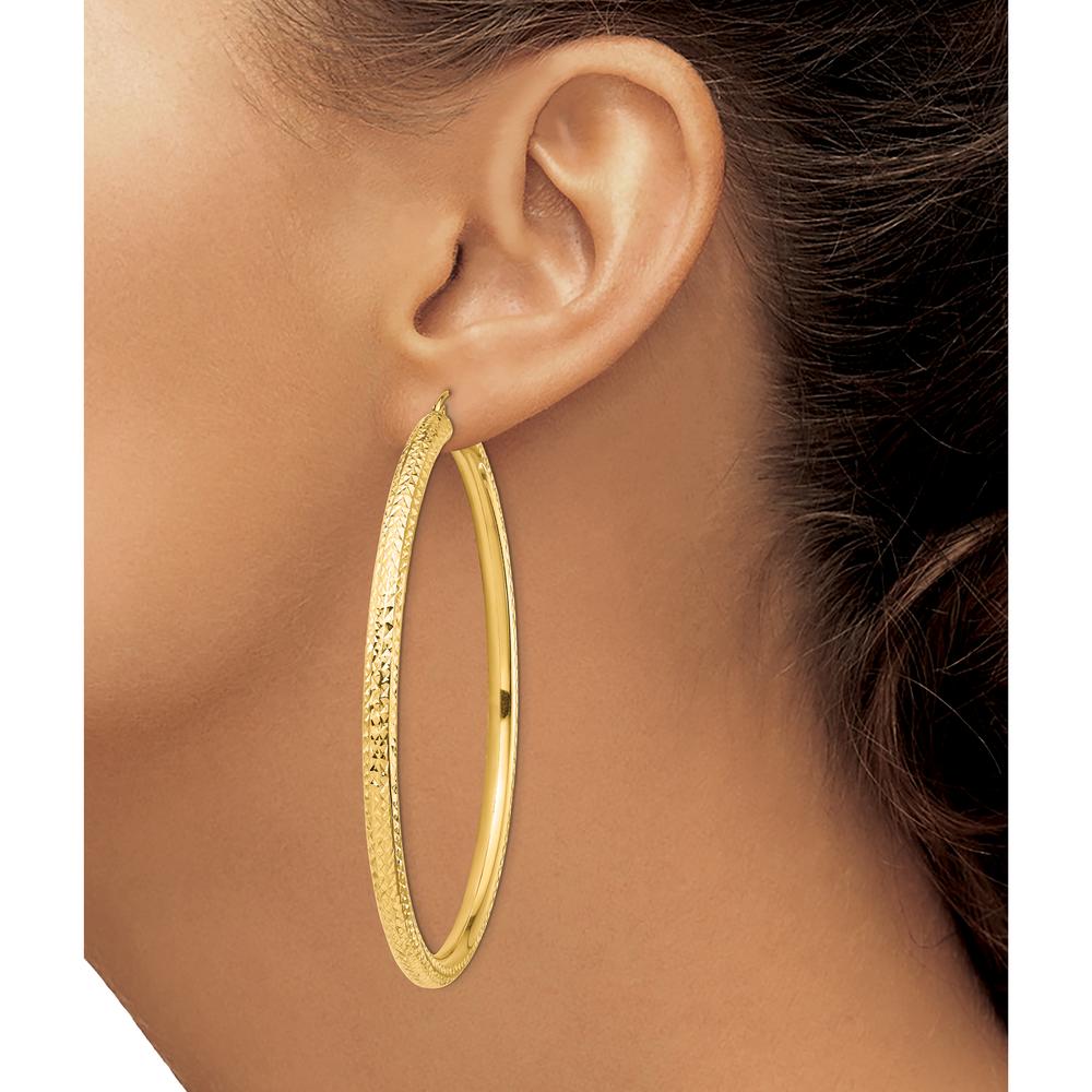 14K Yellow Gold Lightweight Diamond-Cut Round Tube Hoop Earrings - 72.5mm Length by 0