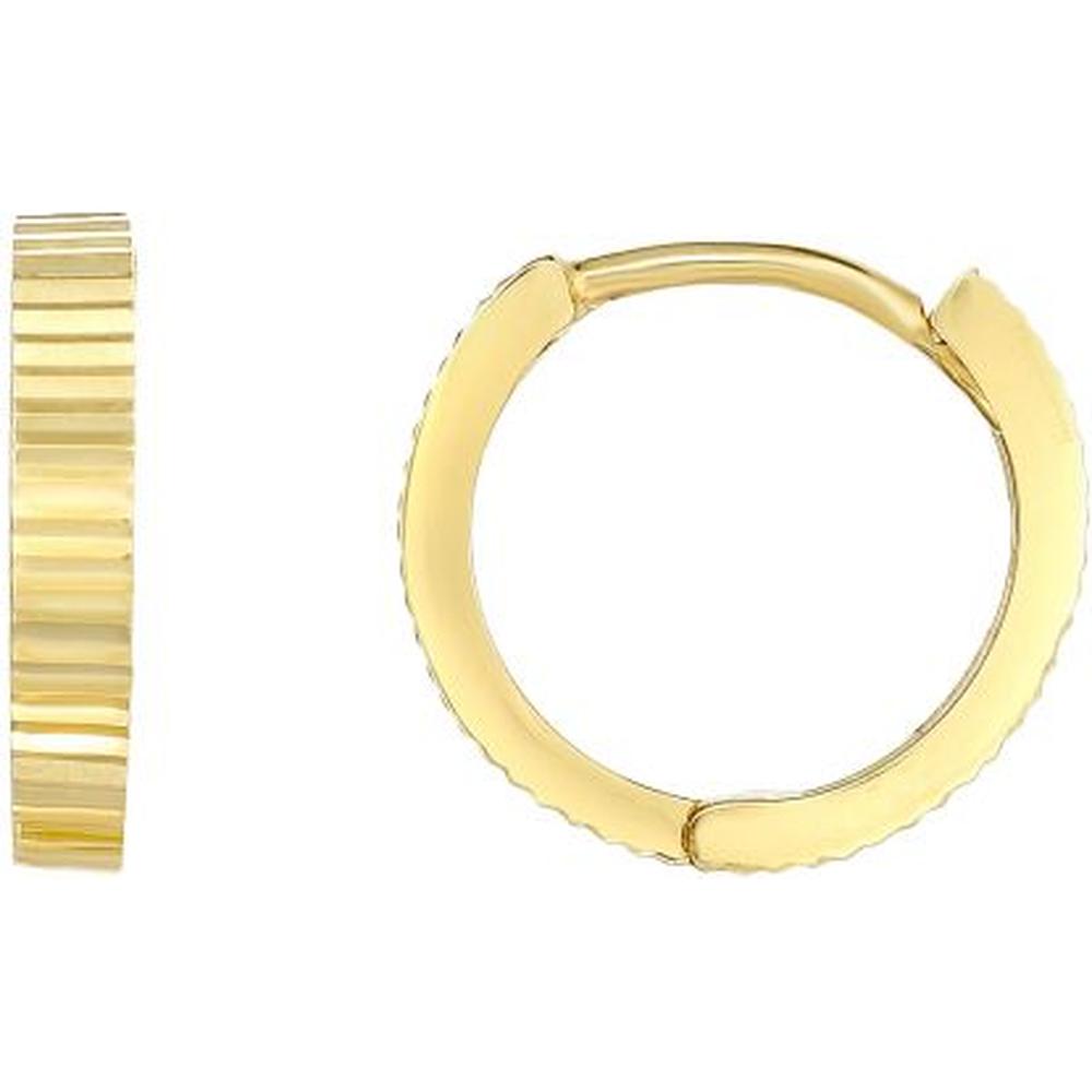 14K Yellow Gold Linear Diamond Cut Huggie Earrings with Hinged Closure - 10.5x11.5mm by Orozza Fine Jewelry