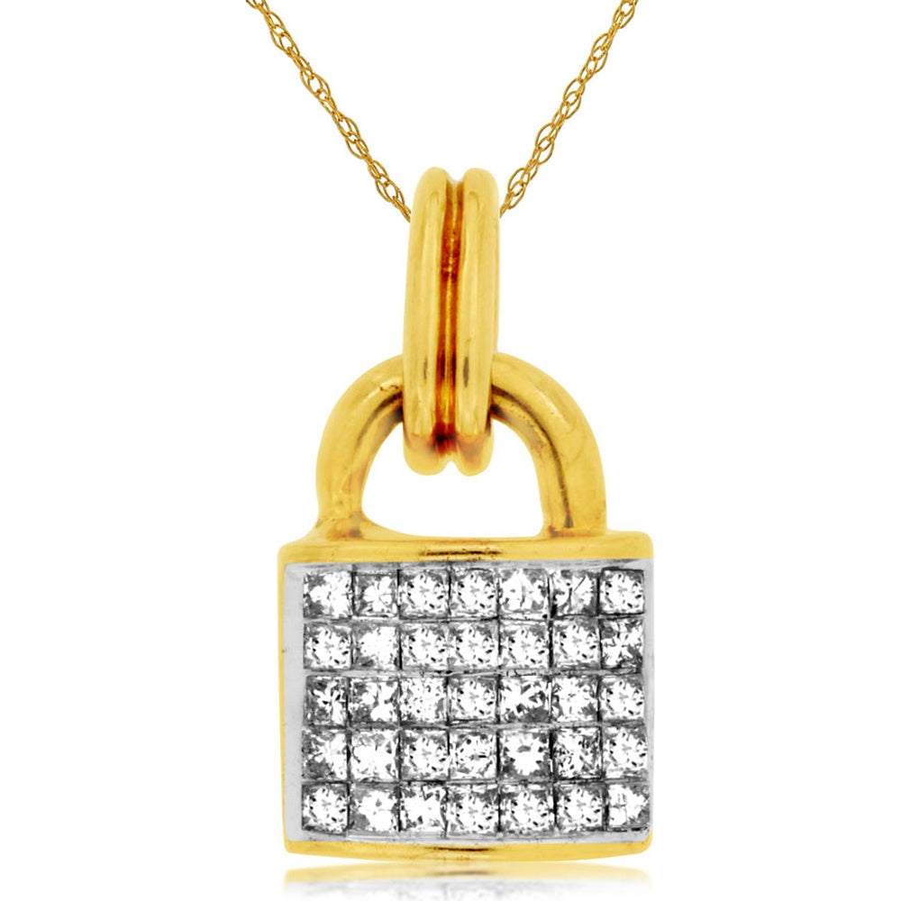 14K Yellow Gold Lock Pendant with Invisible Set Princess Cut Diamonds - 0.52 Carat Total Diamond Weight - Royal Jewelry