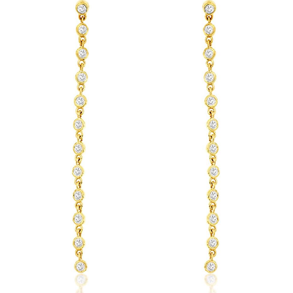 14K Yellow Gold Long Diamond Drop Earrings with Bezel Set Round Brilliant Cut Diamonds - 0.50 Carat Total Weight - Royal Jewelry