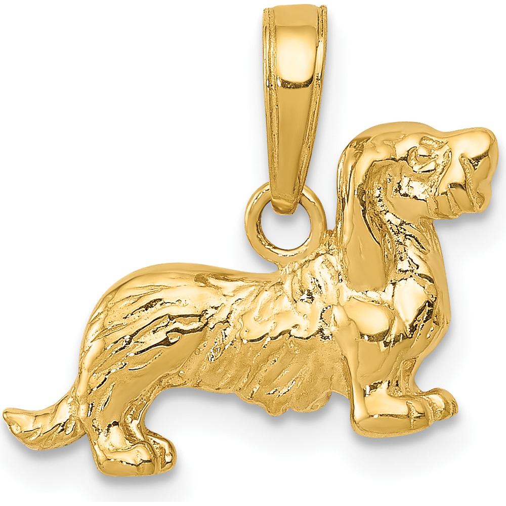 14K Yellow Gold Long-Haired Dachshund Dog Pendant with Textured Finish by Oro Pregiato