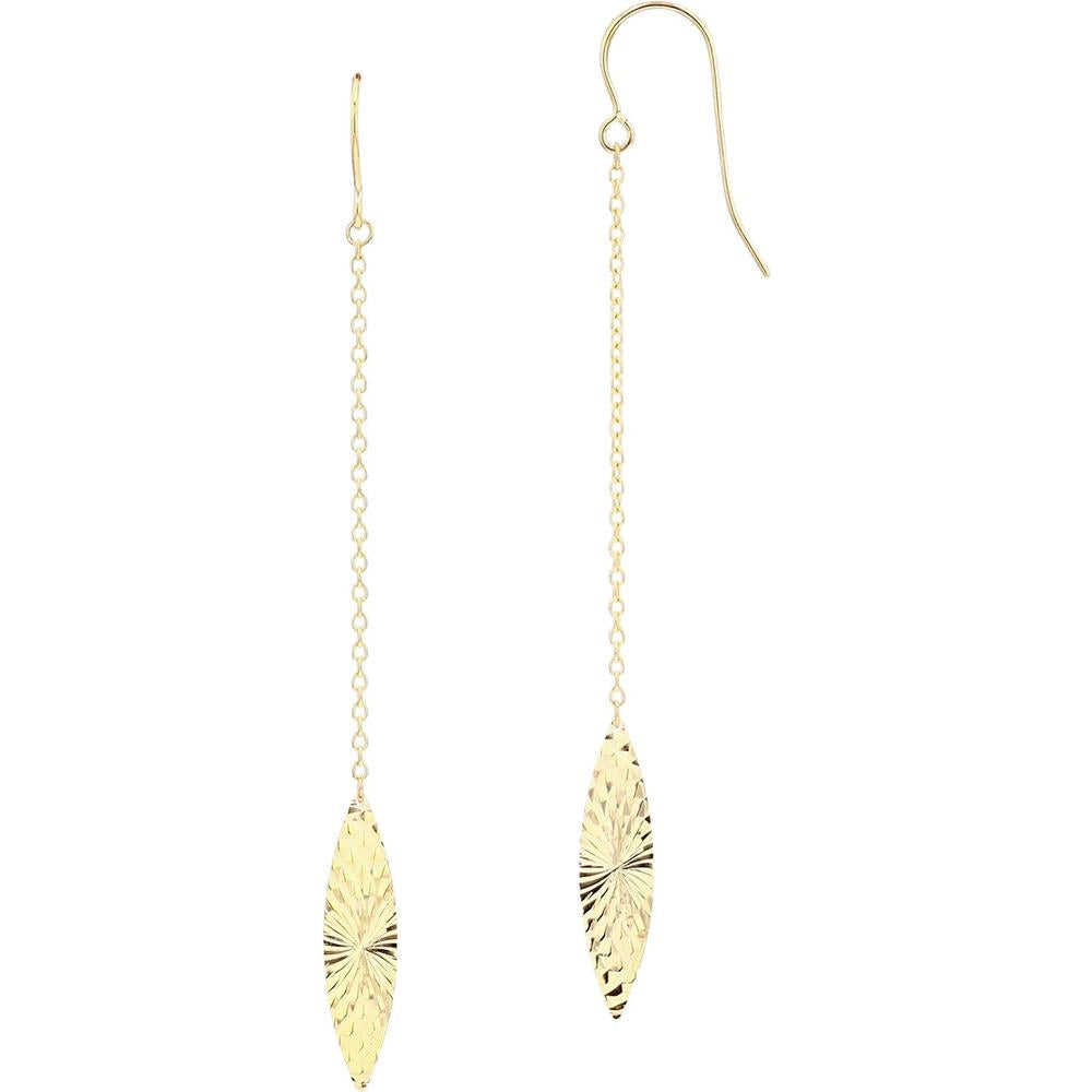 14K Yellow Gold Long Marquise Engraved Drop Earrings