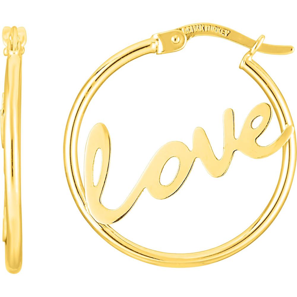 14K Yellow Gold Love Hoop Earrings with Polished Finish by Orozza Fine Jewelry