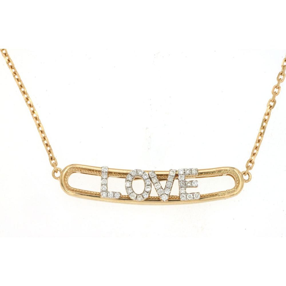 14K Yellow Gold Love Pendant Necklace with Pave Set Round Diamonds - 0.15 Carat Total Diamond Weight - Royal Jewelry