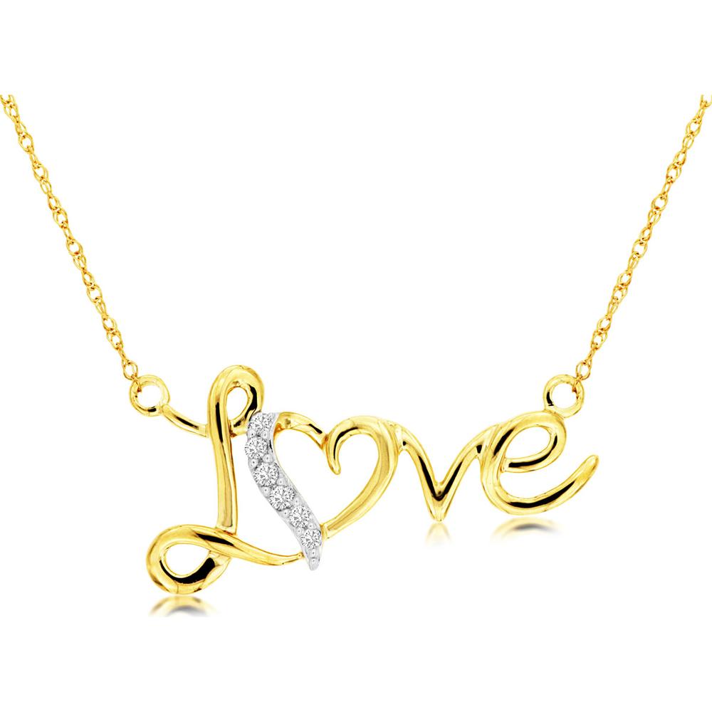 14K Yellow Gold Love Script Pendant Necklace with Pavé Set Round Diamonds - 0.05 Carat Total Diamond Weight - Royal Jewelry