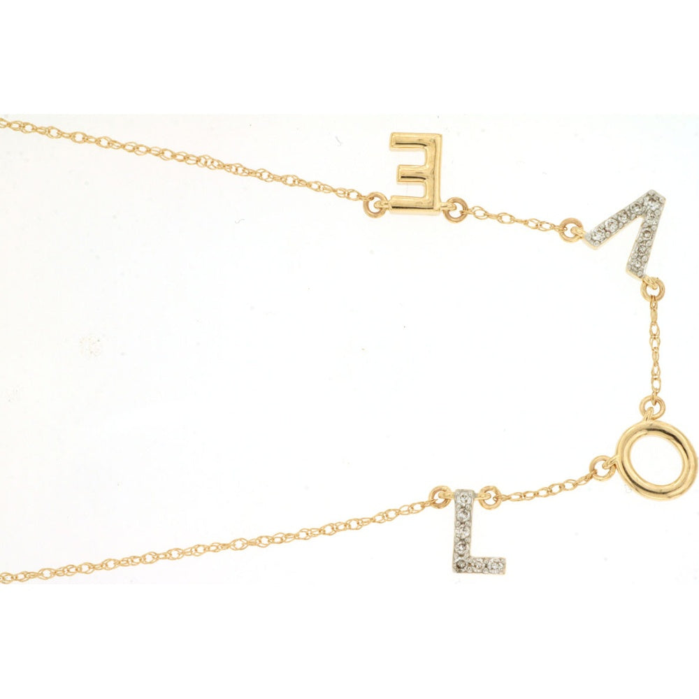 14K Yellow Gold "LOVE" Station Necklace with Pave Set Round Diamonds - 0.08 Carat Total Diamond Weight - Royal Jewelry