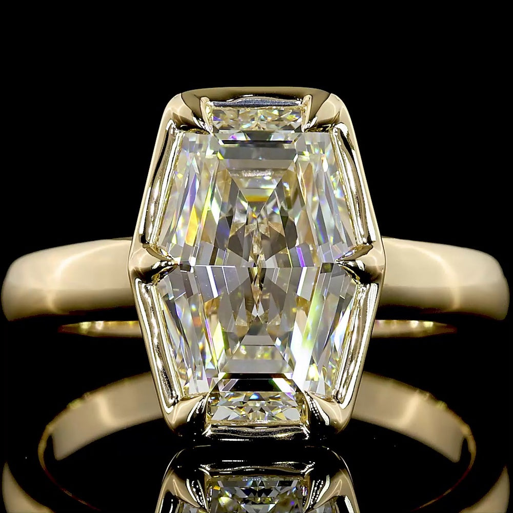 14K Yellow Gold Lozenge Step Cut Solitaire Ring with E-F VS1 Lab Diamond - 3.10 Carat Total Weight - Covaloro Fine Jewelry