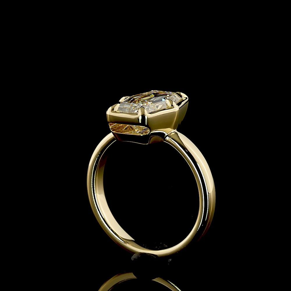 14K Yellow Gold Lozenge Step Cut Solitaire Ring with E-F VS1 Lab Diamond - 3.10 Carat Total Weight - Covaloro Fine Jewelry