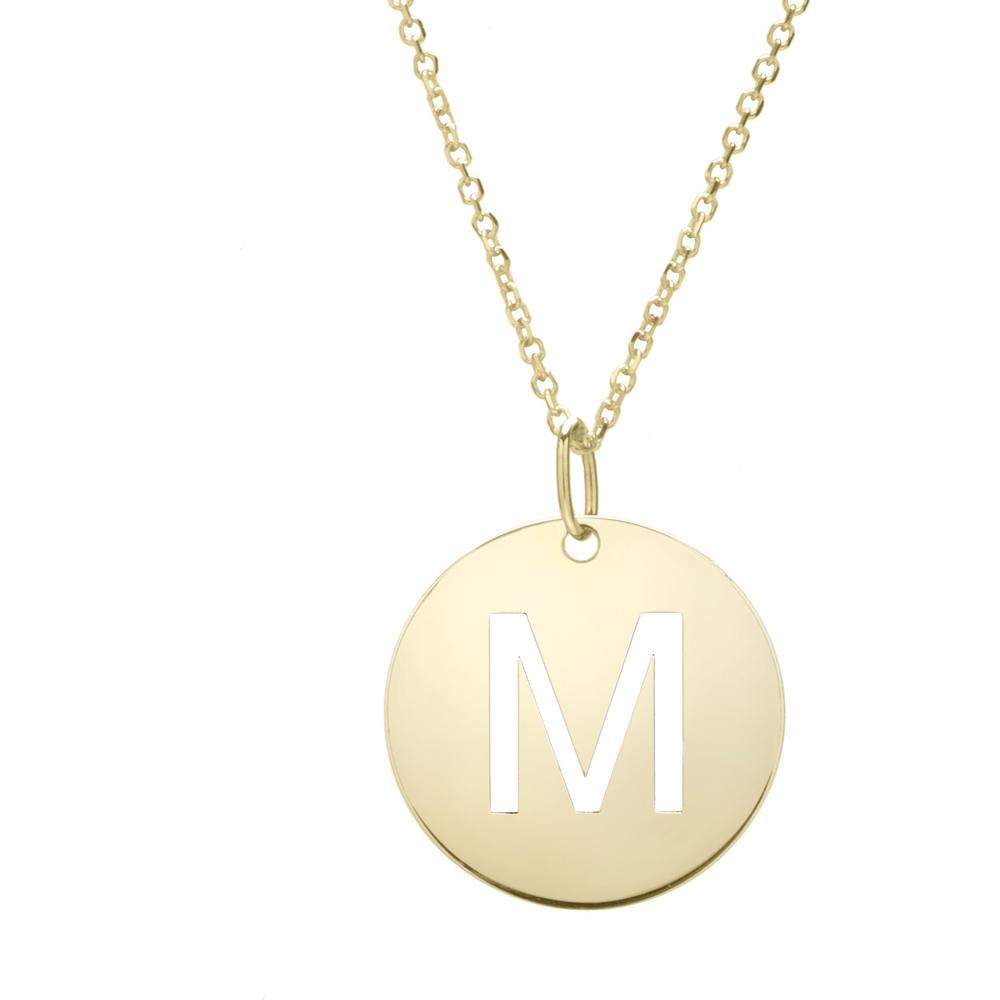 14K Yellow Gold "M" Initial Disc Pendant Necklace - 18" Chain by Orozza Fine Jewelry
