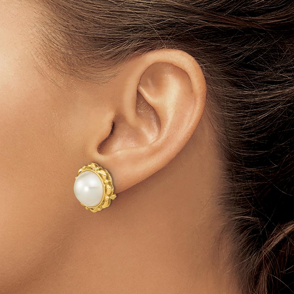 14K Yellow Gold Mabe Pearl Omega Back Earrings - 13-14mm Cultured Pearls by Monteluci Fine Jewelry