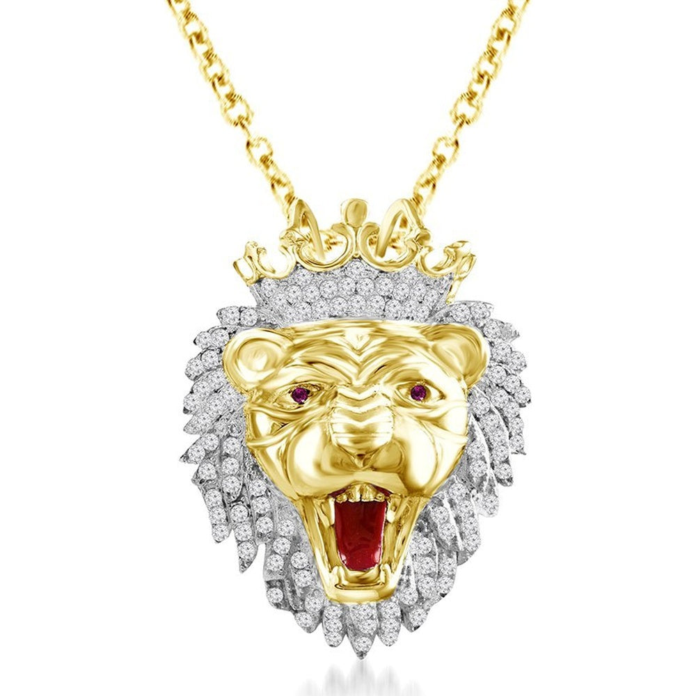 14K Yellow Gold Majestic Lion Head Pendant with Pavé Set Round Diamonds, Red Gemstone Eyes and Diamond Accented Crown - 1.18 Carat Total Diamond Weight by Auriventus