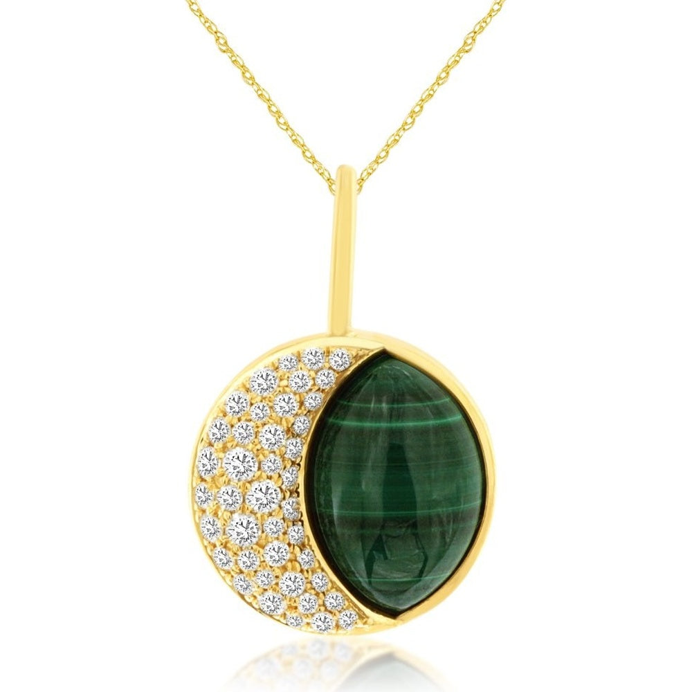 14K Yellow Gold Malachite Pendant with Round Diamond Halo Accent - 0.24 Carat Total Diamond Weight - Royal Jewelry