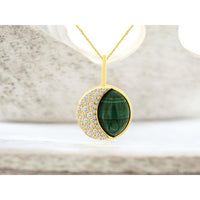 14K Yellow Gold Malachite Pendant with Round Diamond Halo Accent - 0.24 Carat Total Diamond Weight - Royal Jewelry