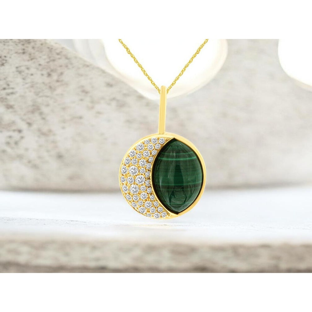 14K Yellow Gold Malachite Pendant with Round Diamond Halo Accent - 0.24 Carat Total Diamond Weight - Royal Jewelry