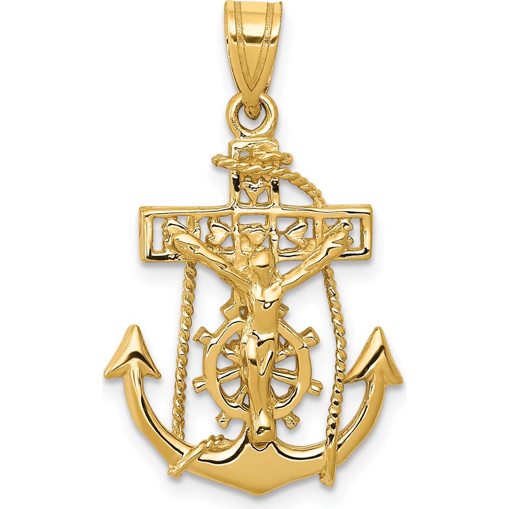 14K Yellow Gold Mariners Crucifix Pendant with Anchor and Nautical Helm by Oro Pregiato